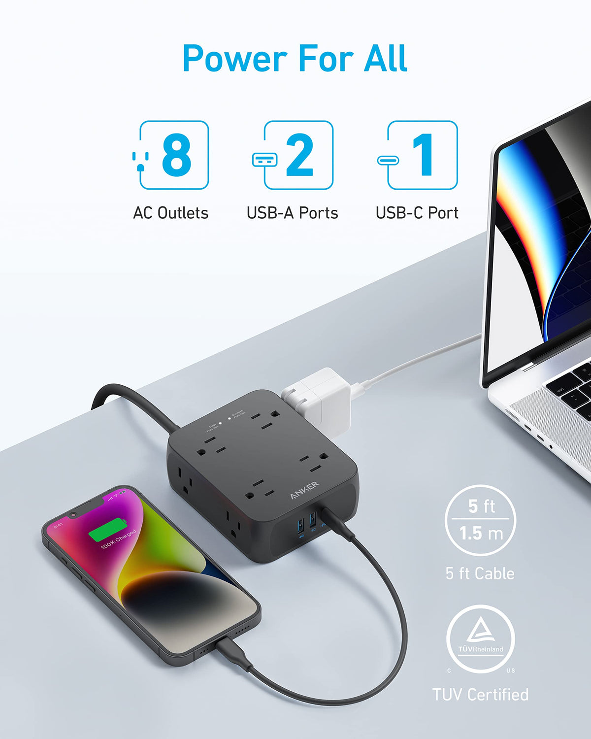 Black Anker 341 USB power strip with multiple charging ports, designed for convenient device charging and extension.