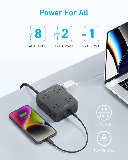 Black Anker 341 USB power strip with multiple charging ports, designed for convenient device charging and extension.