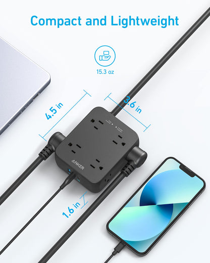 Black Anker 341 USB power strip with multiple charging ports and round extension cord for convenient device charging.