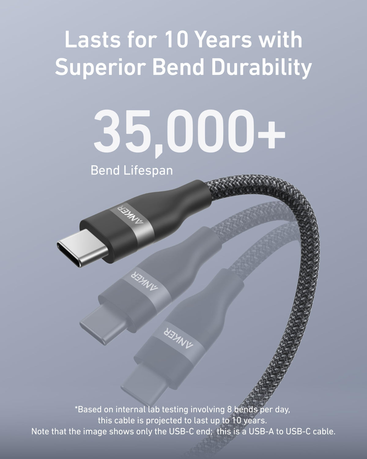 Black Anker USB-A to USB-C braided cable, 3-foot length, showing durable upcycled design and secure connector ends.