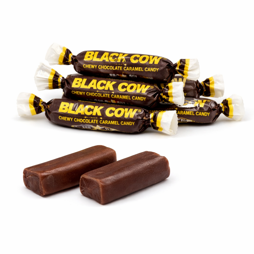 Bite-sized Black Cow chocolate caramel candies by Candy In Bulk in a bulk value bag, showcasing creamy caramel and rich chocolate coating.