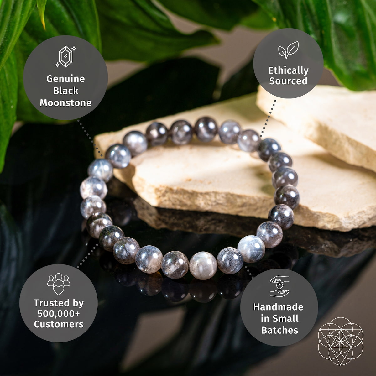 Black Moonstone bracelet from Conscious Items' The Empath’s Cord Cutter collection, featuring smooth black stones on a bracelet.