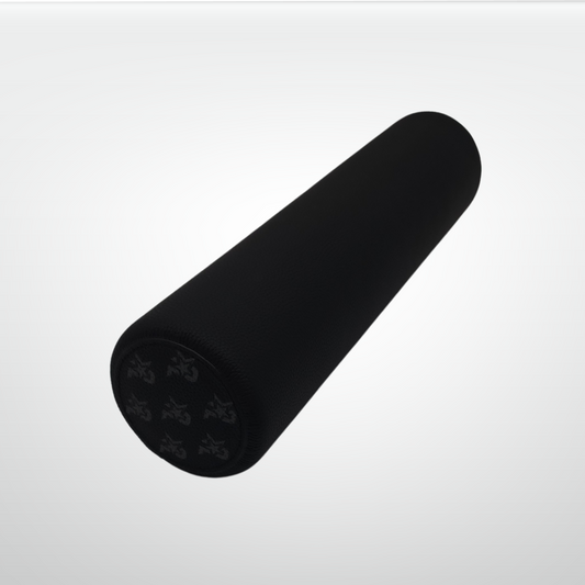 Black leather-wrapped cork stretching and massage roller by iReliev, designed for luxury fitness and muscle recovery.