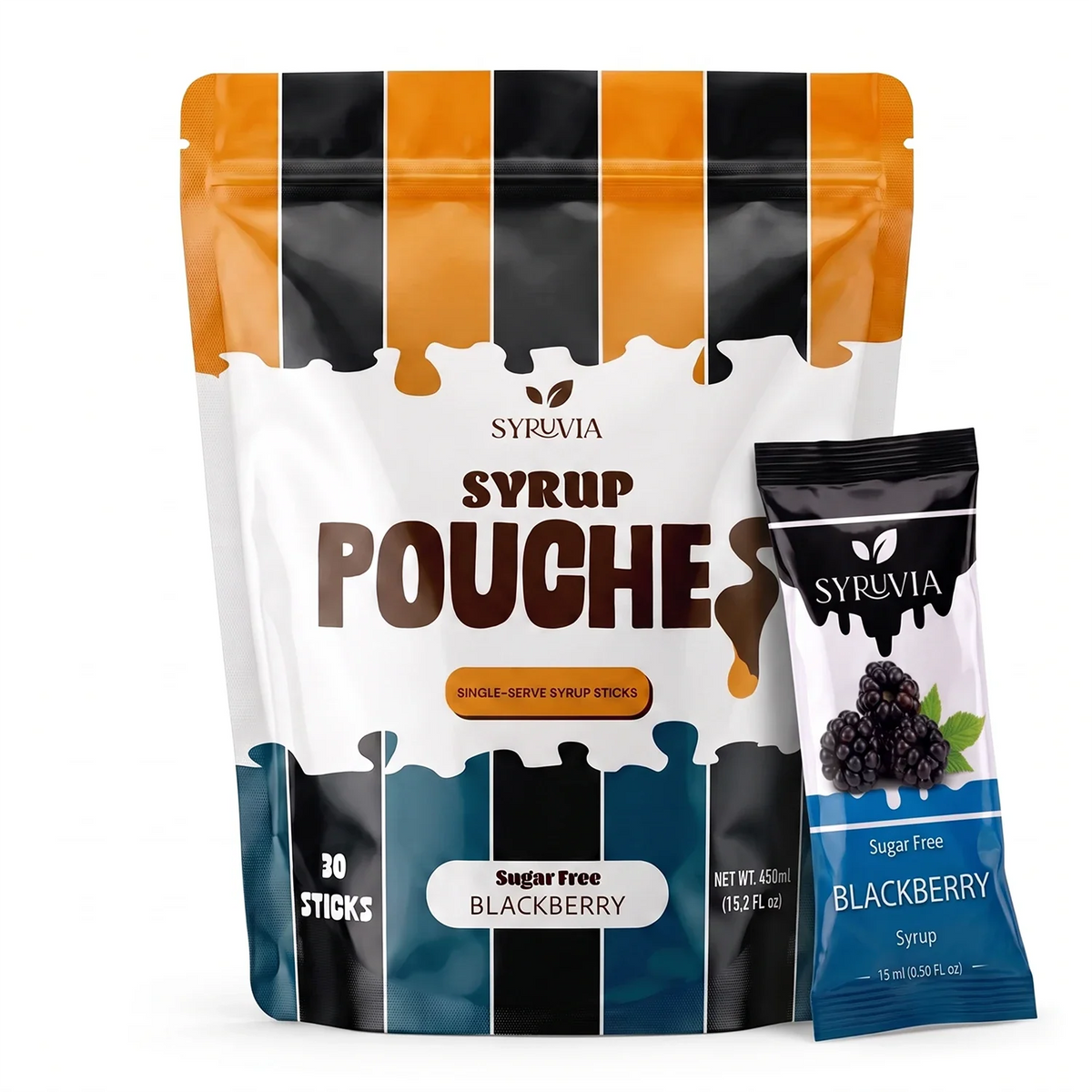 Blackberry syrup pouch by Syruvia, sugar-free blackberry syrup in portable pouch for beverages and desserts.
