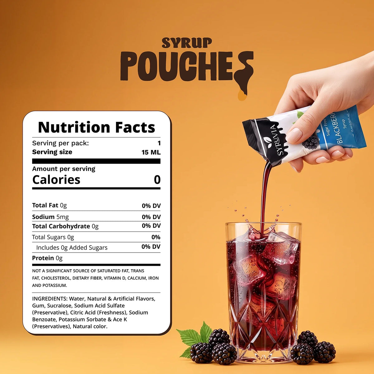 Blackberry sugar-free syrup pouches by Syruvia, featuring vibrant blackberries and portable packaging for easy use