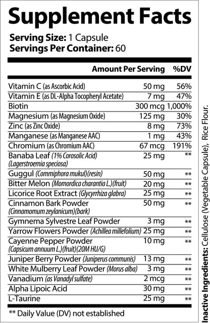 Nutra Moment Blood Sugar Support supplement facts label showing ingredients and nutritional information.