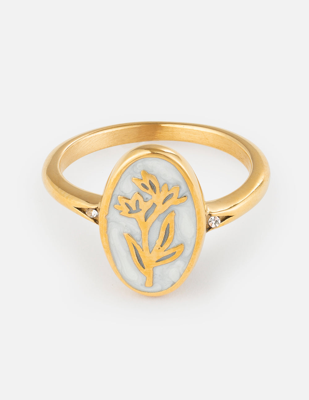 Elevated Faith Bloom Again enamel ring featuring colorful floral design on a silver band, close-up shot of the jewelry piece.