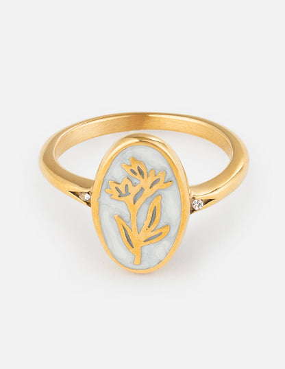Elevated Faith Bloom Again enamel ring featuring colorful floral design on a silver band, close-up shot of the jewelry piece.