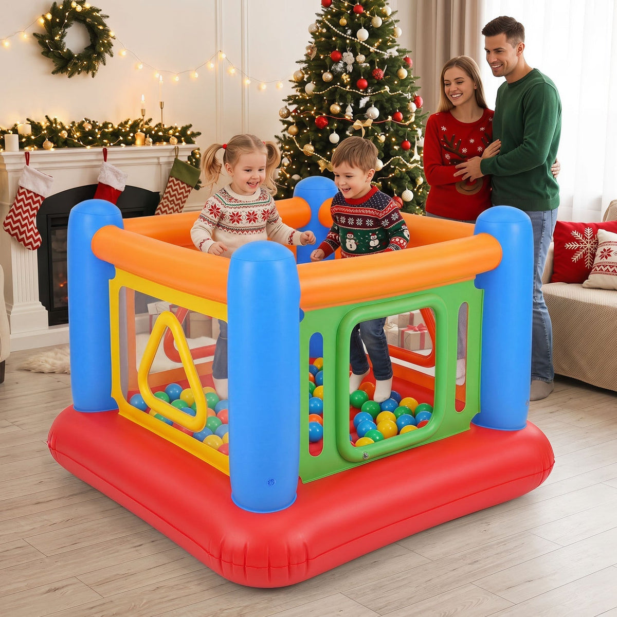 Colorful inflatable bounce house for kids with transparent side walls, perfect for active indoor or outdoor play by GBruno Store.