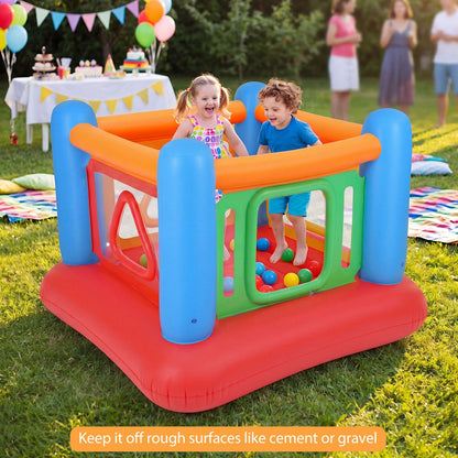 Colorful inflatable bounce house for kids with transparent side walls, GBruno Store brand, suitable for indoor and outdoor play.