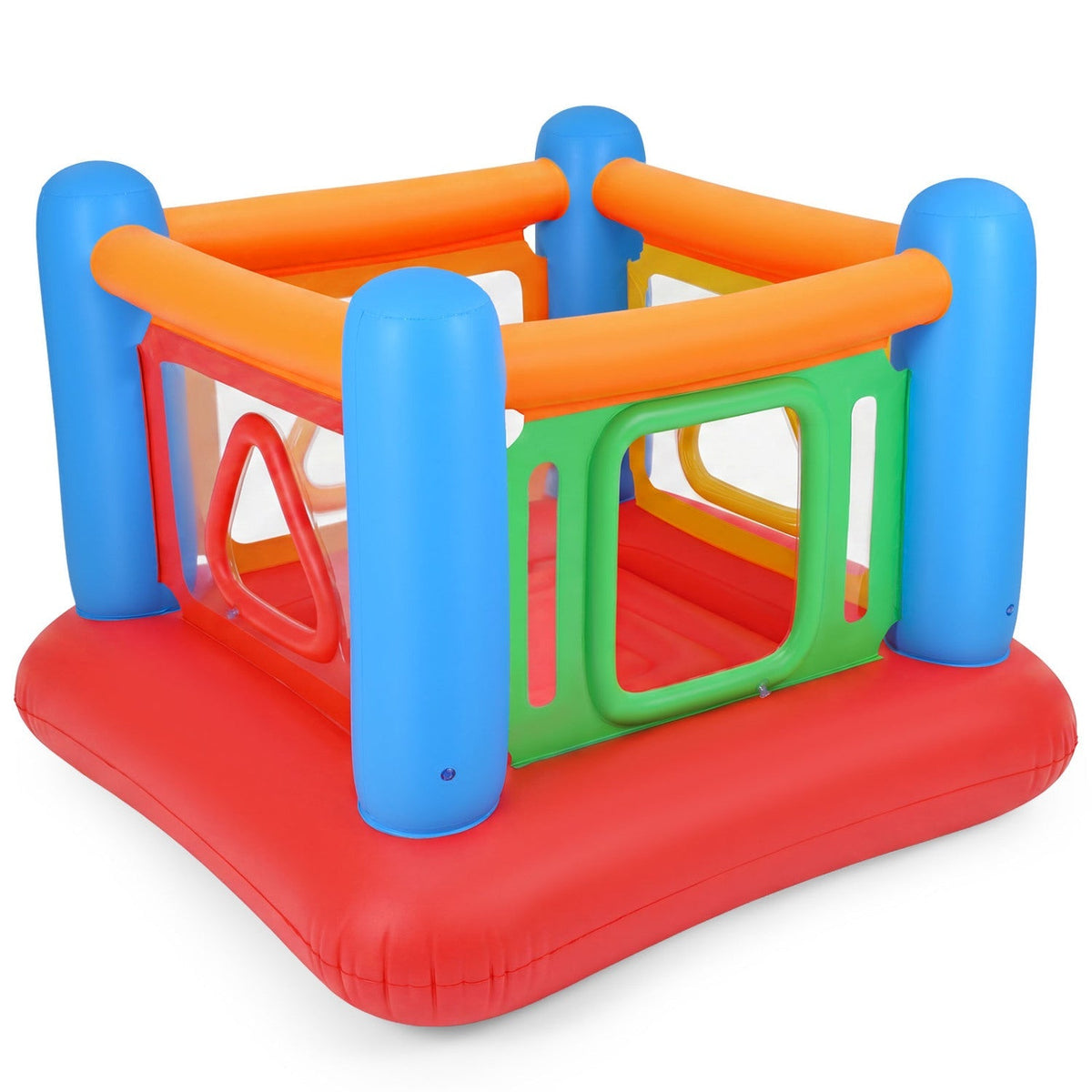 Colorful inflatable bounce house for kids with transparent side walls, featuring vibrant design and spacious jumping area.