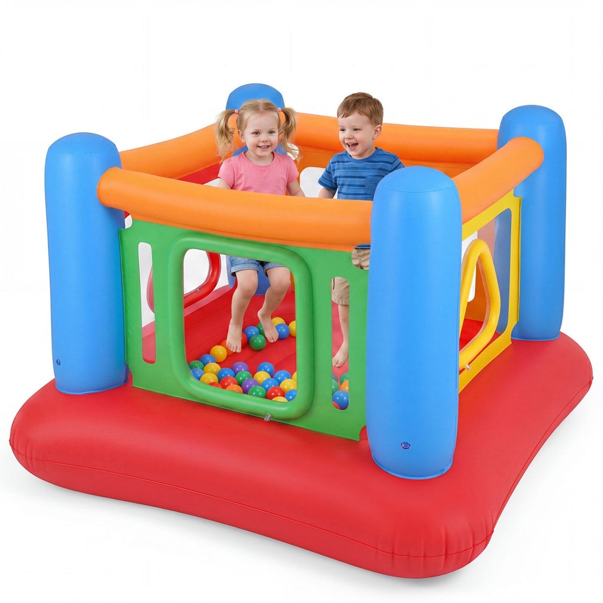 Colorful inflatable bounce house for kids with transparent side walls, ideal for outdoor play and active fun.
