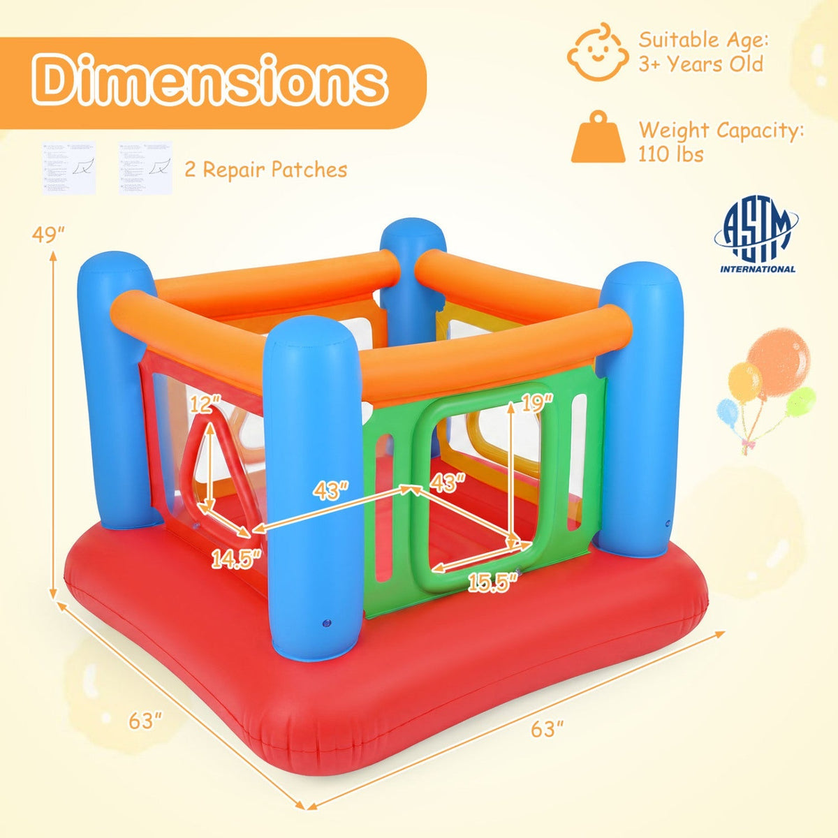 Inflatable bounce house for kids with transparent side walls, colorful design, and brand GBruno Store for indoor and outdoor fun.