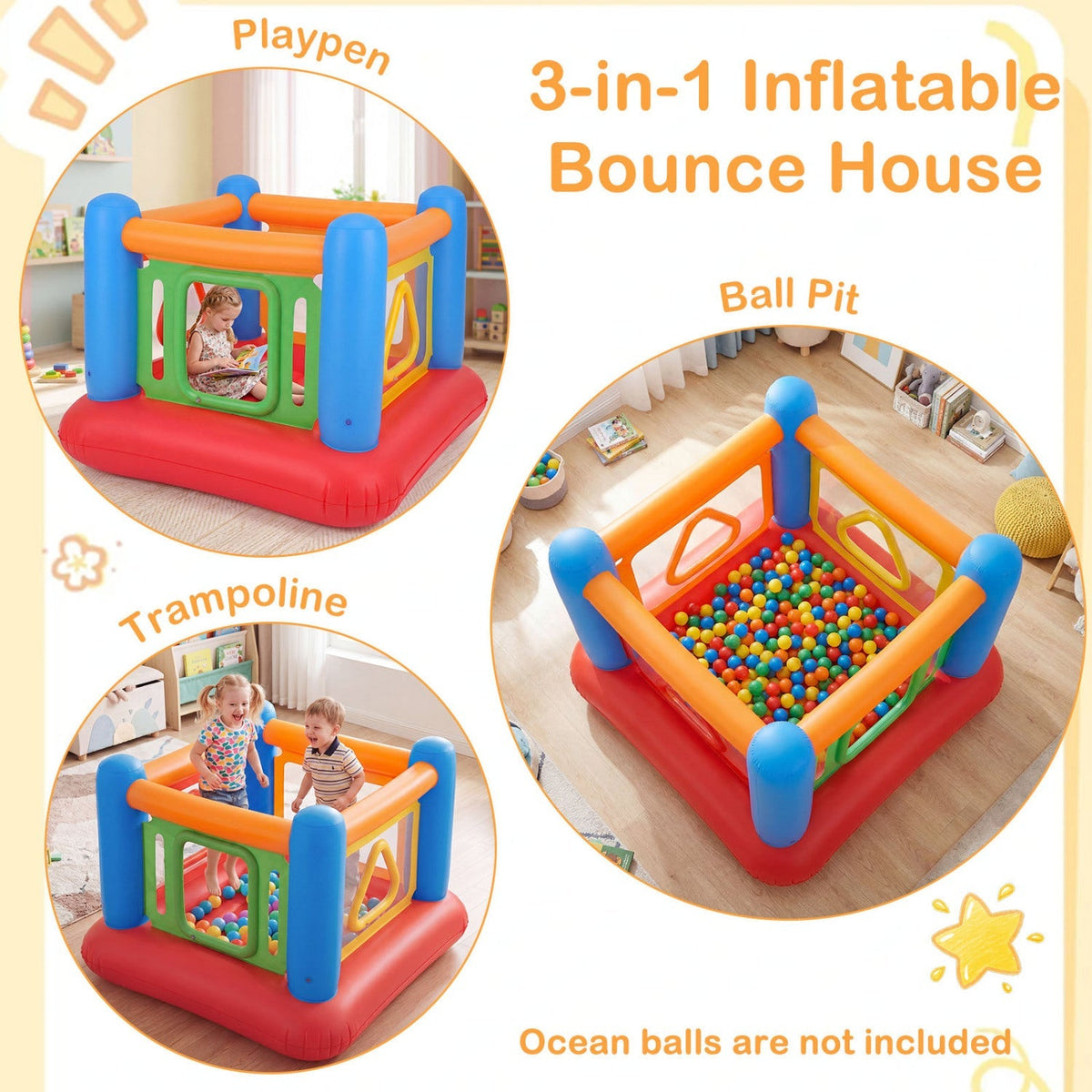 Colorful inflatable bounce house for kids with transparent side walls, perfect for outdoor play by GBruno Store.