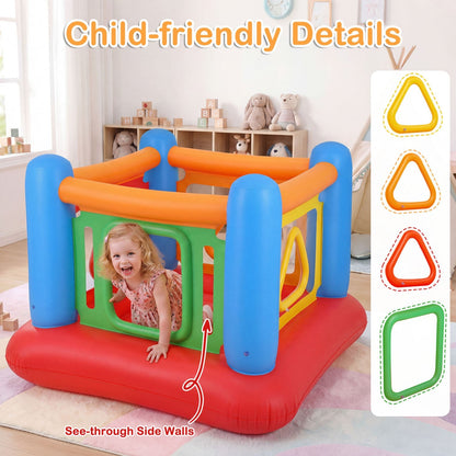 Colorful inflatable bounce house for kids with transparent side walls, designed for outdoor fun by GBruno Store.