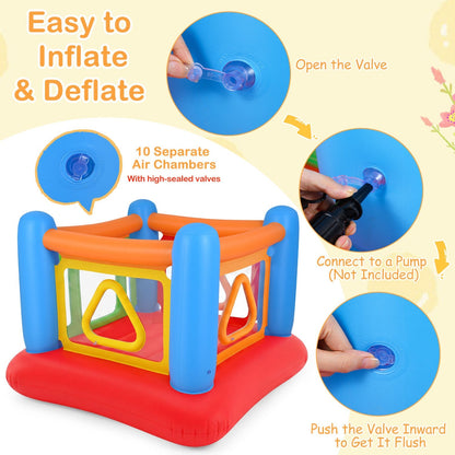 Colorful inflatable bounce house for kids with transparent side walls, featuring bright design and spacious jumping area.