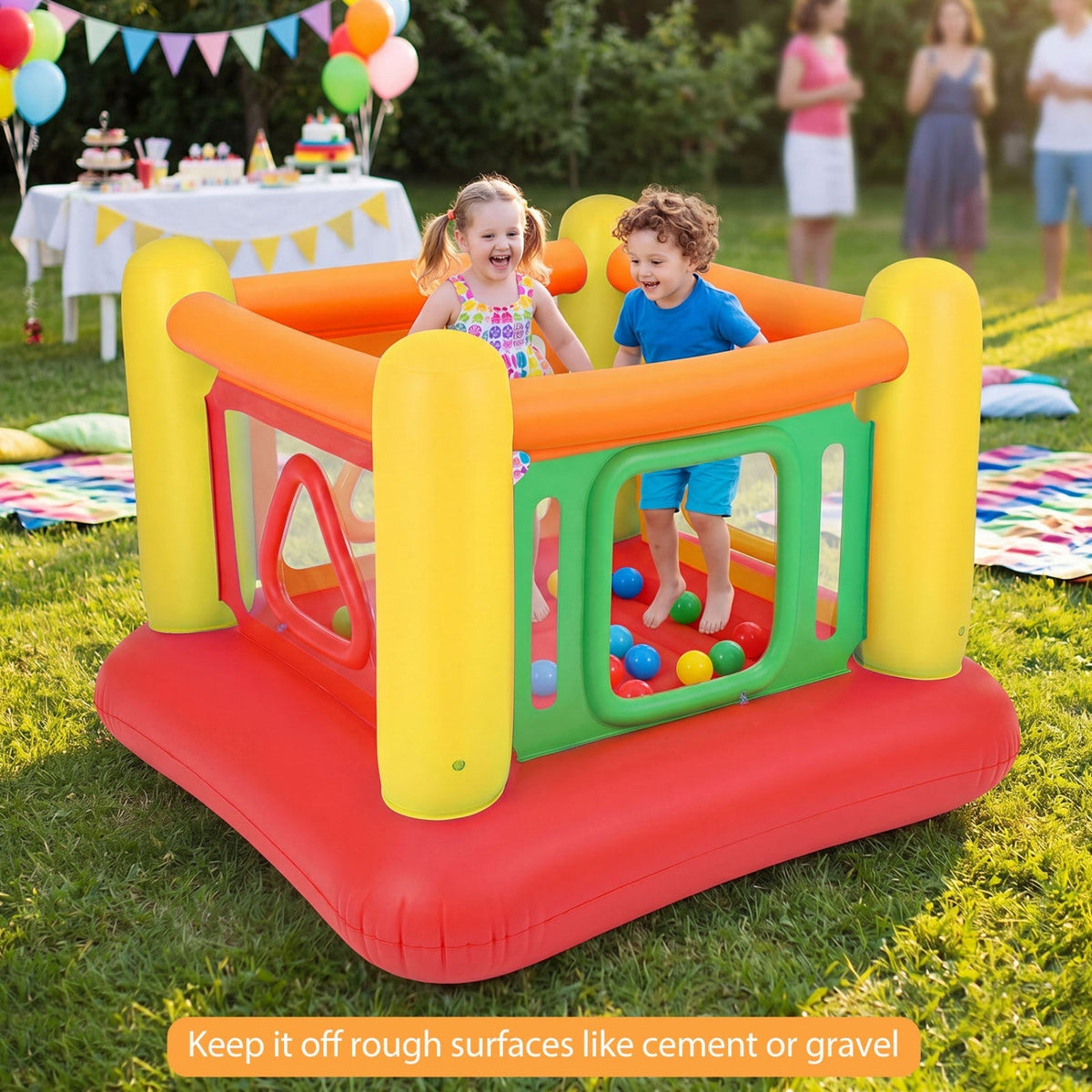 Inflatable bounce house for kids with transparent side walls, colorful design, suitable for outdoor play, by GBruno Store.