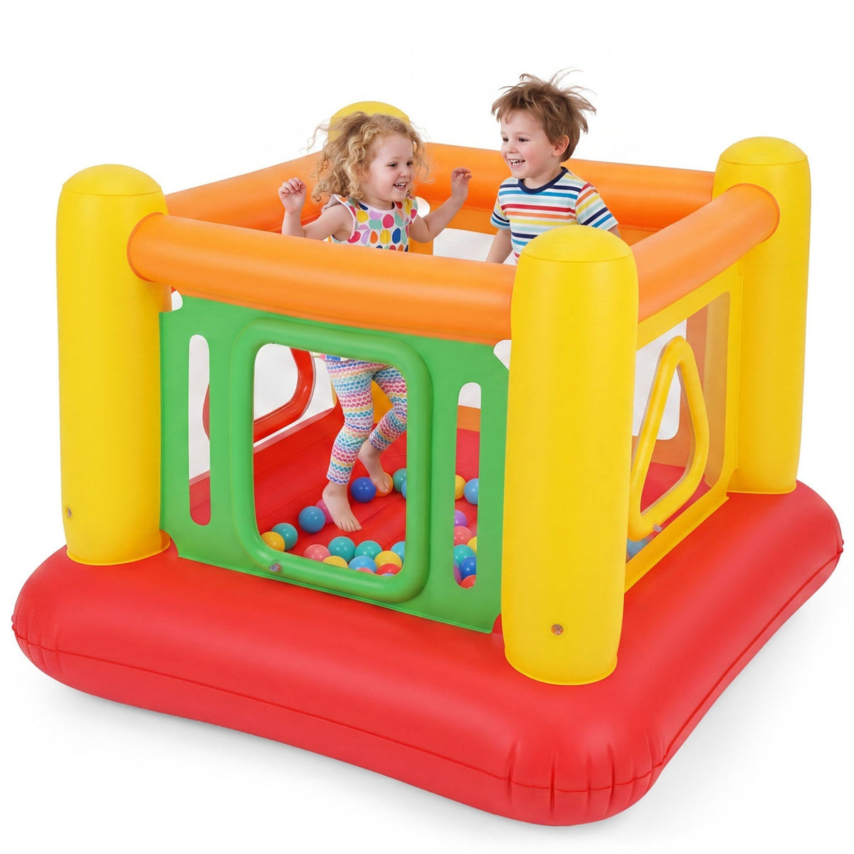 Colorful inflatable bounce house for kids with transparent side walls, featuring a vibrant design and spacious jumping area.