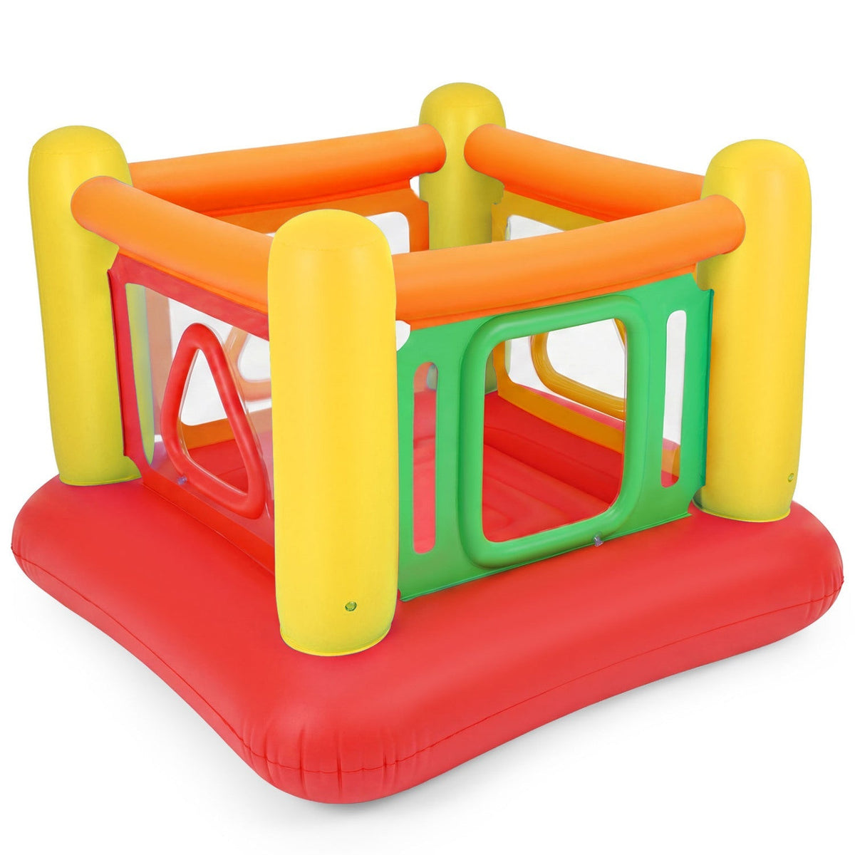 Inflatable bounce house for kids with transparent side walls, colorful design, and a spacious jumping area by GBruno Store.