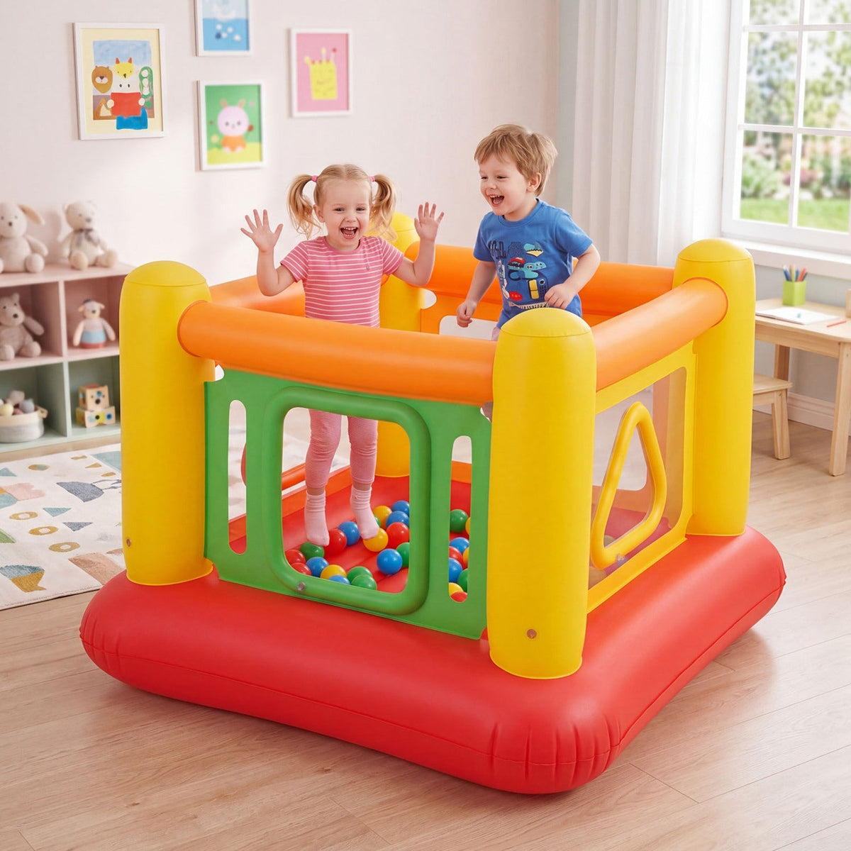 Colorful inflatable bounce house for kids with transparent side walls, designed for outdoor play and safe jumping fun.