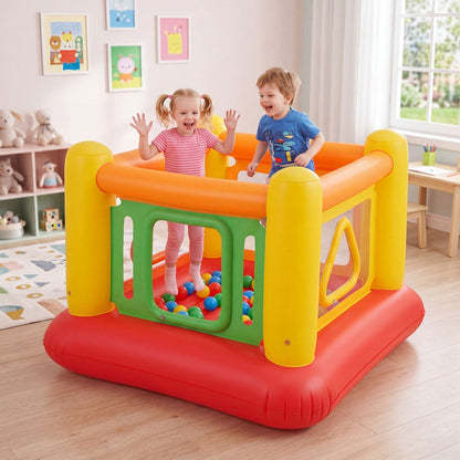 Colorful inflatable bounce house for kids with transparent side walls, designed for outdoor play and safe jumping fun.