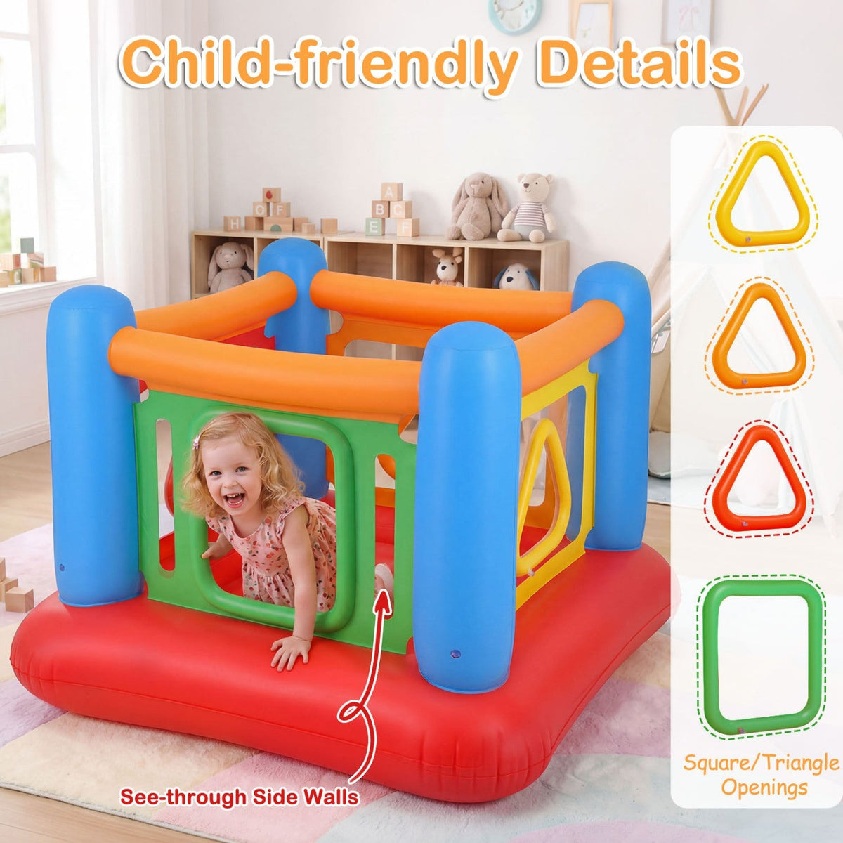 Inflatable bounce house for kids with transparent side walls, colorful jump area, and safety mesh sides for outdoor play.