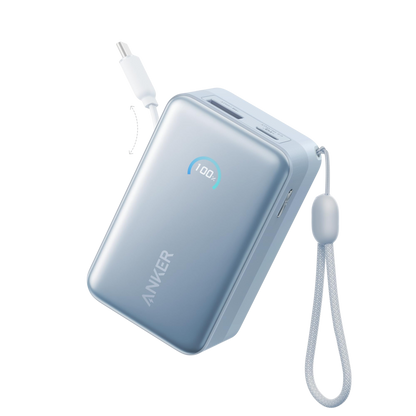 Blue Anker Nano 10K 45W power bank with built-in retractable USB-C cable, compact portable charging device.