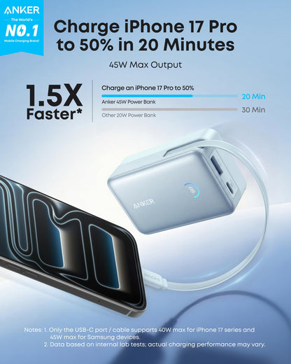 Blue Anker Nano 10K power bank with 45W charging and built-in retractable USB-C cable, compact portable power source.