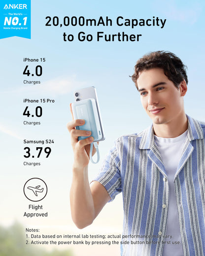Blue Anker Zolo Power Bank with 10K capacity, 30W output, and integrated 5.4-inch USB-C cable for portable charging.