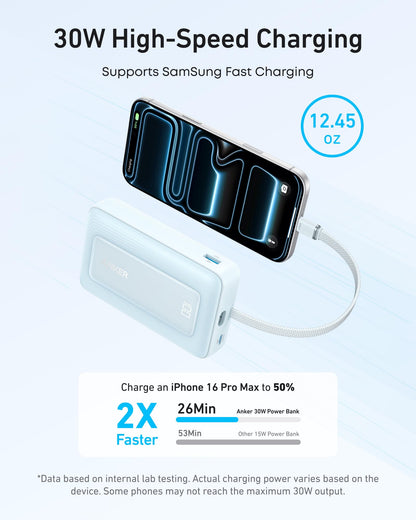 Blue Anker Zolo Power Bank 10K with 30W output and built-in 5.4-inch USB-C cable, portable charging device.