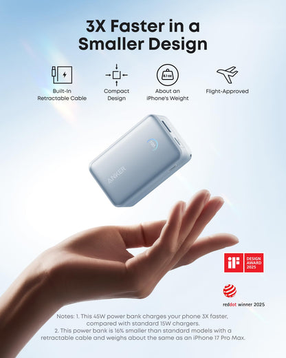 Blue Anker Nano 10K Power Bank with 45W fast charging and built-in retractable USB-C cable, compact portable power source