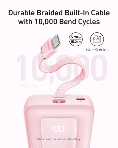 Blue Anker Zolo Power Bank with 10,000mAh capacity, 30W charging, and built-in 5.4-inch USB-C cable on a white background.