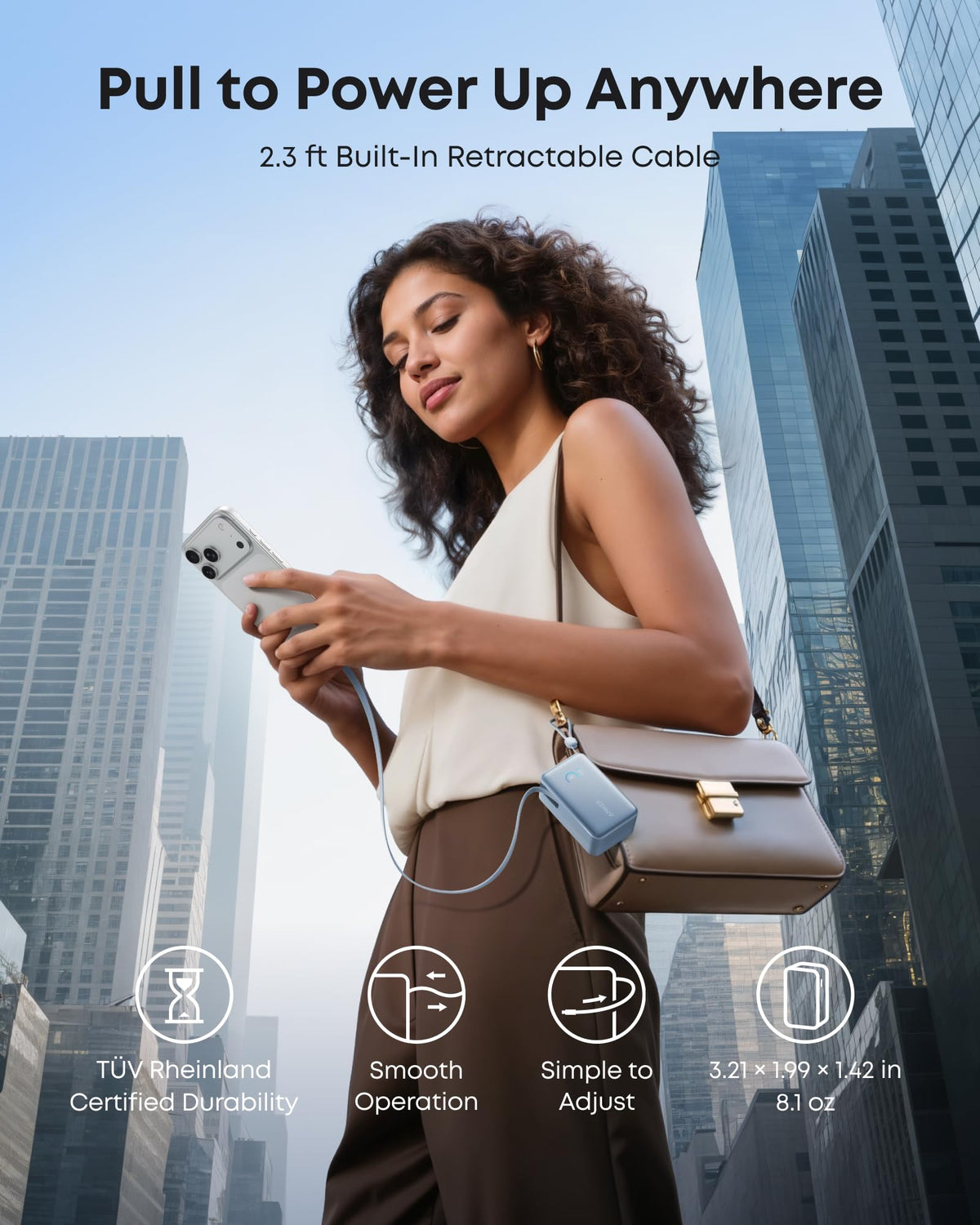 Blue Anker Nano 10K power bank with 45W output and built-in retractable USB-C cable, portable for charging devices on the go.