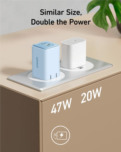 Blue Anker 523 Nano 3 47W charger with compact design and USB-C port, suitable for fast charging devices.