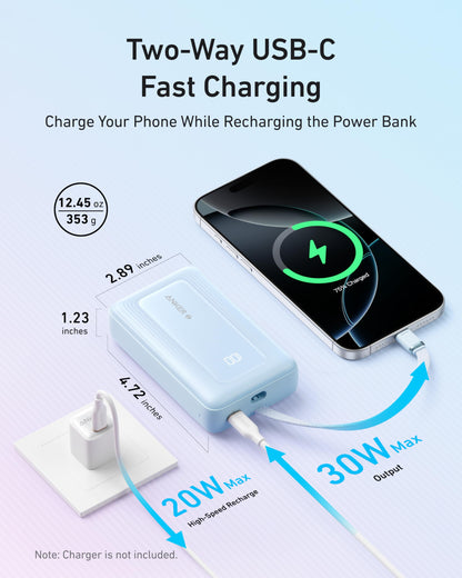 Blue Anker Zolo Power Bank 10K with 30W output and built-in 5.4-inch USB-C cable, compact portable charger for devices.