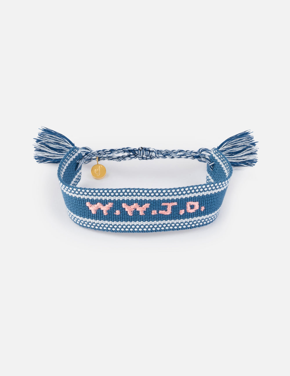 Blue WWJD embroidered bracelet wristband by Elevated Faith, featuring religious text and casual accessory style.