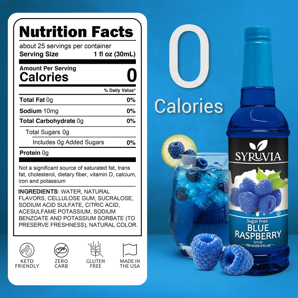 Blue raspberry syrup by Syruvia, sugar-free blue raspberry flavor in a clear bottle with blue liquid and a white cap.