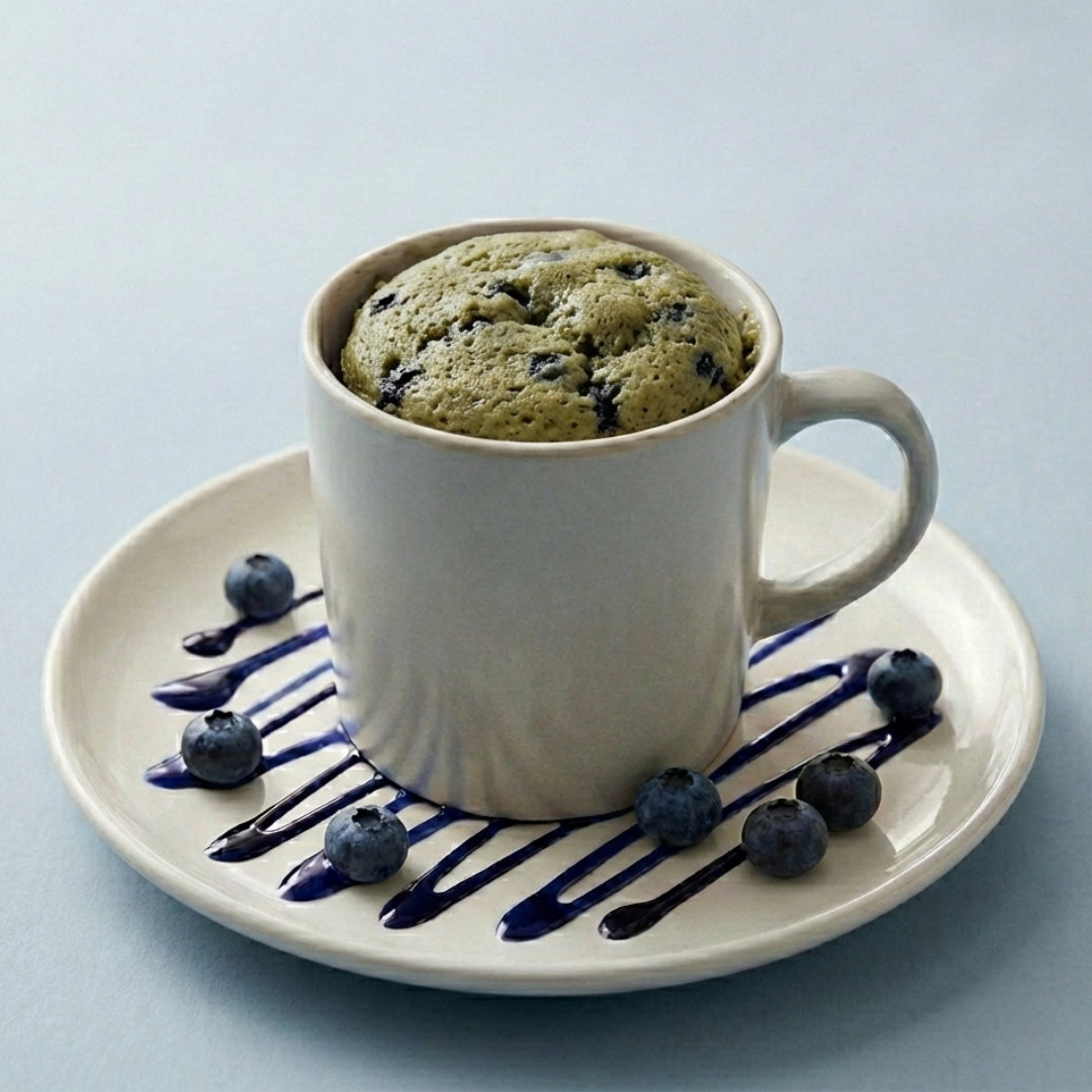 AmBari Nutrition blueberry mug cake in a bowl, showcasing a moist, blueberry-filled foods dessert with fresh blueberries on top.