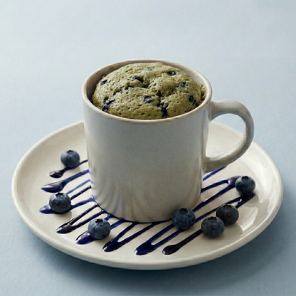 AmBari Nutrition blueberry mug cake in a bowl, showcasing a moist, blueberry-filled foods dessert with fresh blueberries on top.