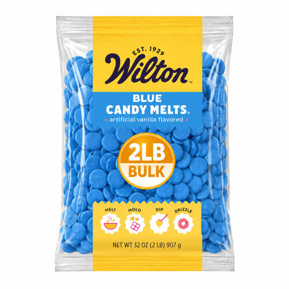 Blue Wilton chocolate confectionery melting wafers in a bulk value bag, perfect for decorating and candy-making.