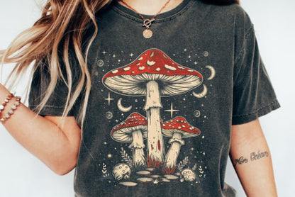 Unisex boho retro hippie T-shirt with mushroom graphic in natural bamboo and cotton, by Spun Bamboo.