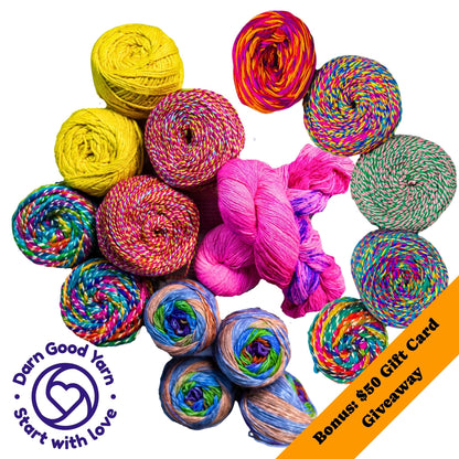 Colorful recycled sari silk yarn bundle from Darn Good Yarn with vibrant golden and warm tones, perfect for knitting or weaving projects.