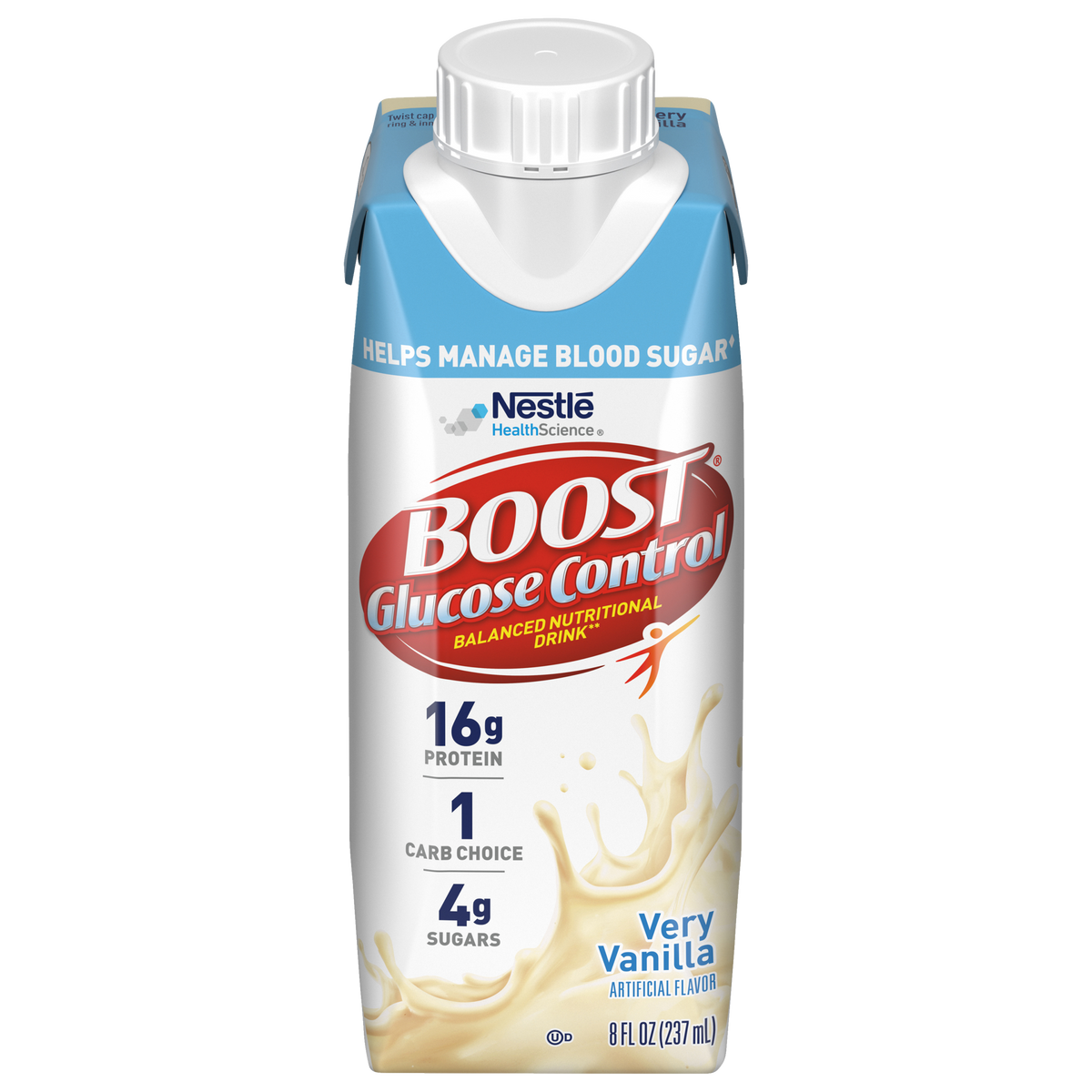 Boost Glucose Control Max vanilla nutritional shake in 12 bottles, creamy vanilla flavor, fitness and nutrition supplement from Pasteur Pharmacy.