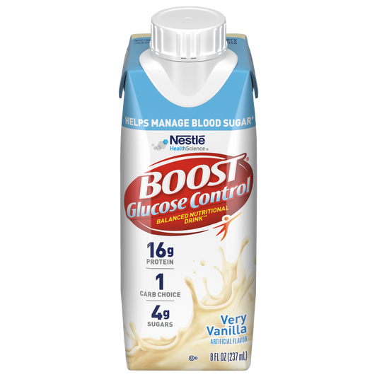 Boost Glucose Control Max vanilla nutritional shake in 12 bottles, creamy vanilla flavor, fitness and nutrition supplement from Pasteur Pharmacy.