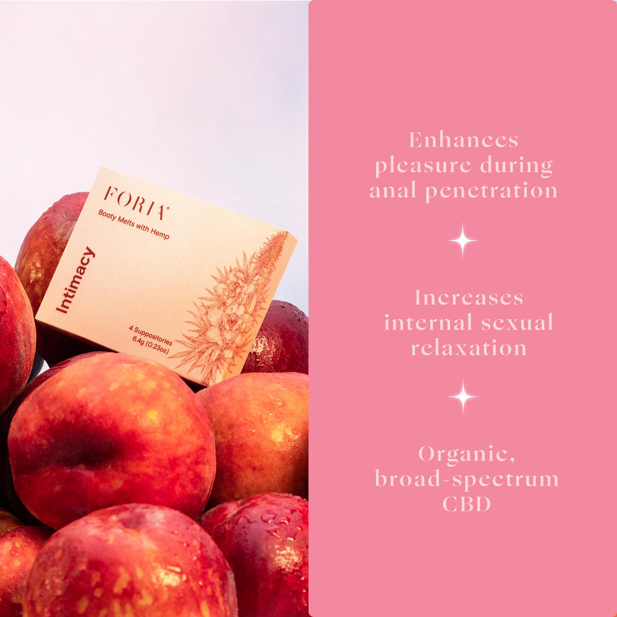 Foria Booty Melts with hemp, showing the product benefits and ingredients in a clear, natural layout.