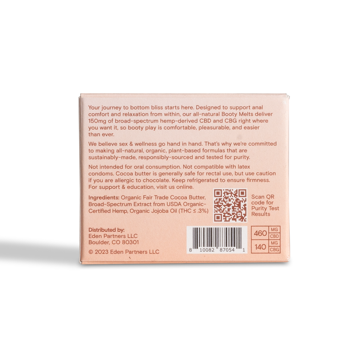Foria Booty Melts with hemp, showing the product packaging with the melts inside and a focus on the natural ingredients.