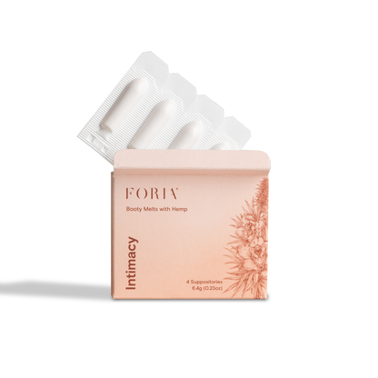 Foria Booty Melts with hemp, natural suppositories in a white and purple package, displayed front view.