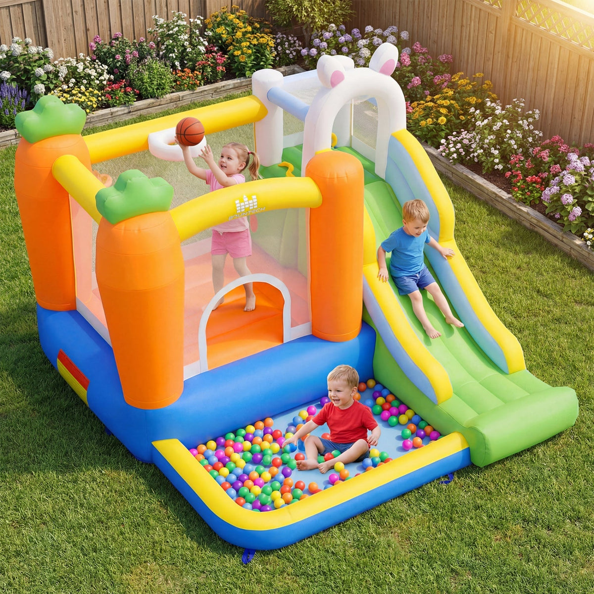 Colorful kids' bounce house by GBruno Store featuring a spacious inflatable with playful designs and safety mesh sides.