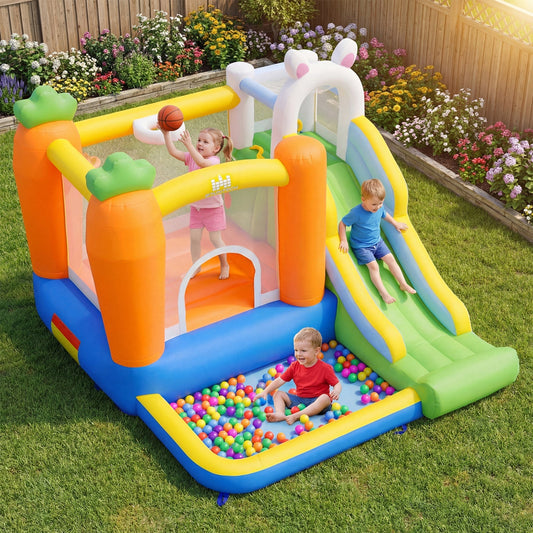 Colorful GBruno Store bounce house for kids with slides and ball pits, perfect for outdoor play and active fun.
