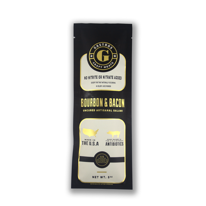 Gastros Craft Meats Bourbon and Bacon product image showing a white background with bourbon-flavored bacon slices.